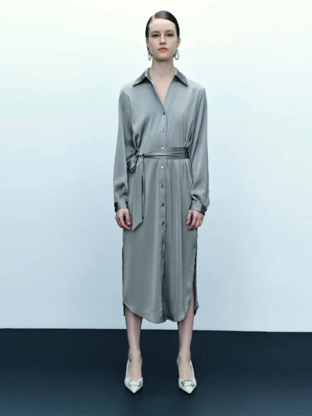

FancyPants Shirt Midi Party Wear Dress, Grey