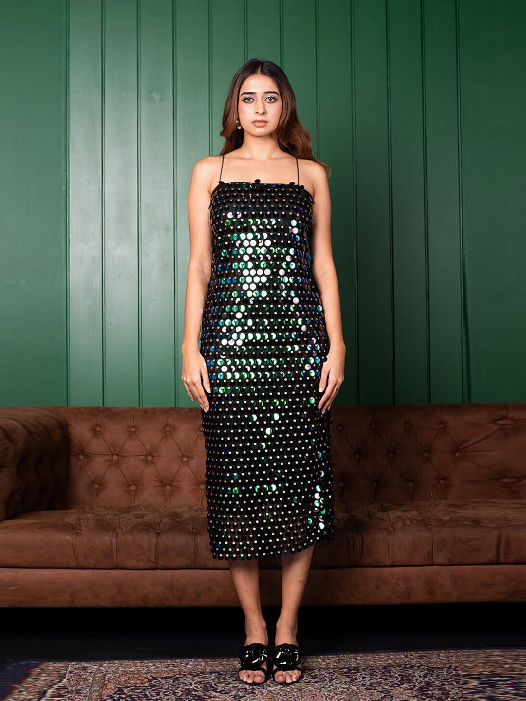 

FancyPants Embellished Bodycon Shoulder Strips Midi Dress, Green