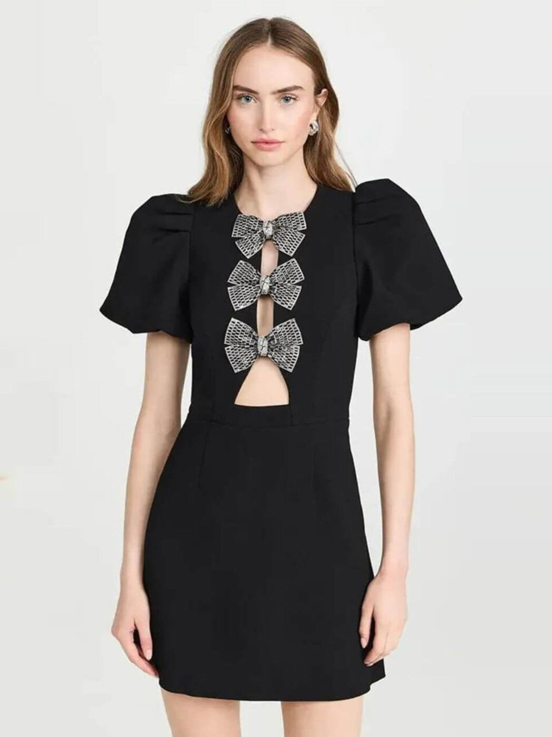 

FancyPants Round Neck Flared Sleeves Bodycon Warp Dress, Black