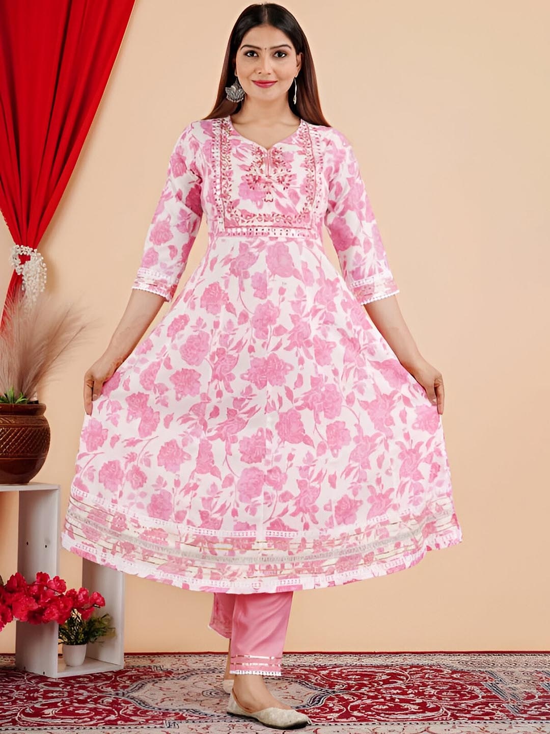 

Subh LAXMI Floral Printed Mirror Work Anarkali Kurta with Trousers, Pink