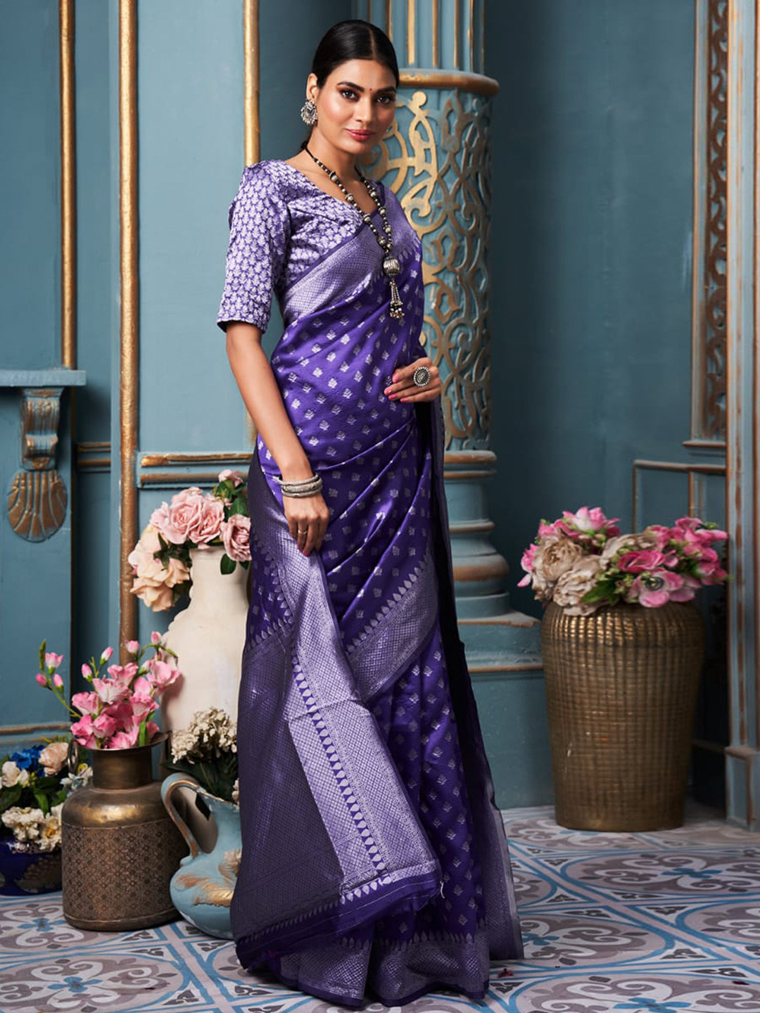 

TIEXA Woven Design Zari Pure Silk Banarasi Saree, Blue