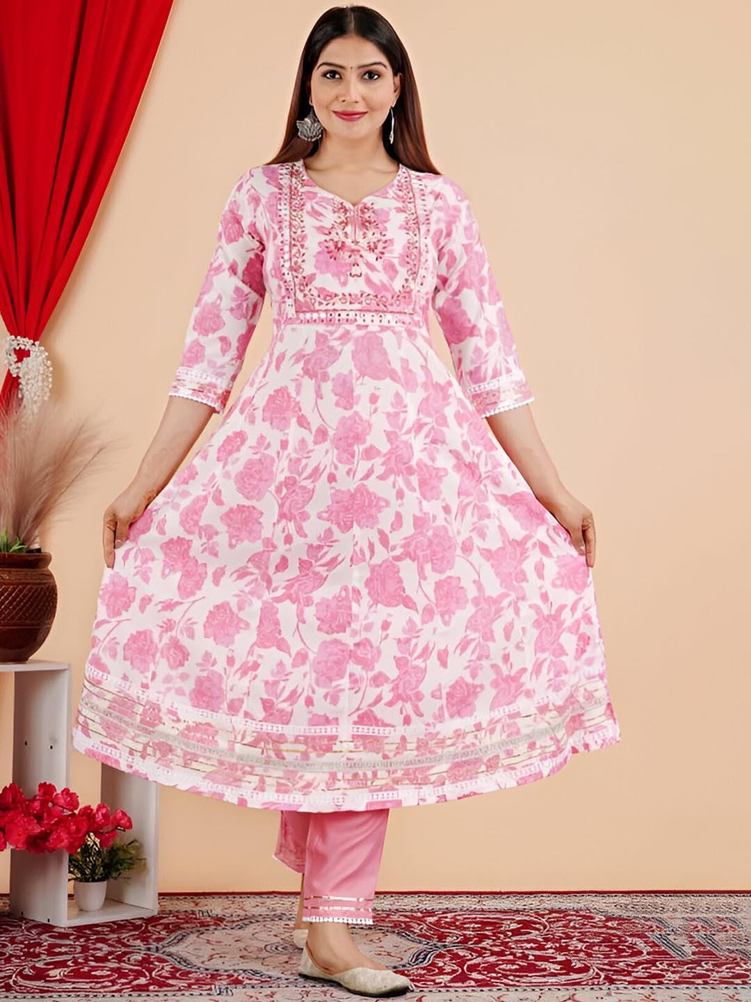 

BAESD Floral Embroidered Empire Mirror Work Kurta with Trousers, Pink
