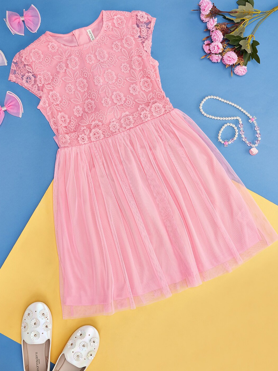 

Pantaloons Junior Girls Self Design Round Neck Fit & Flare Dress, Pink