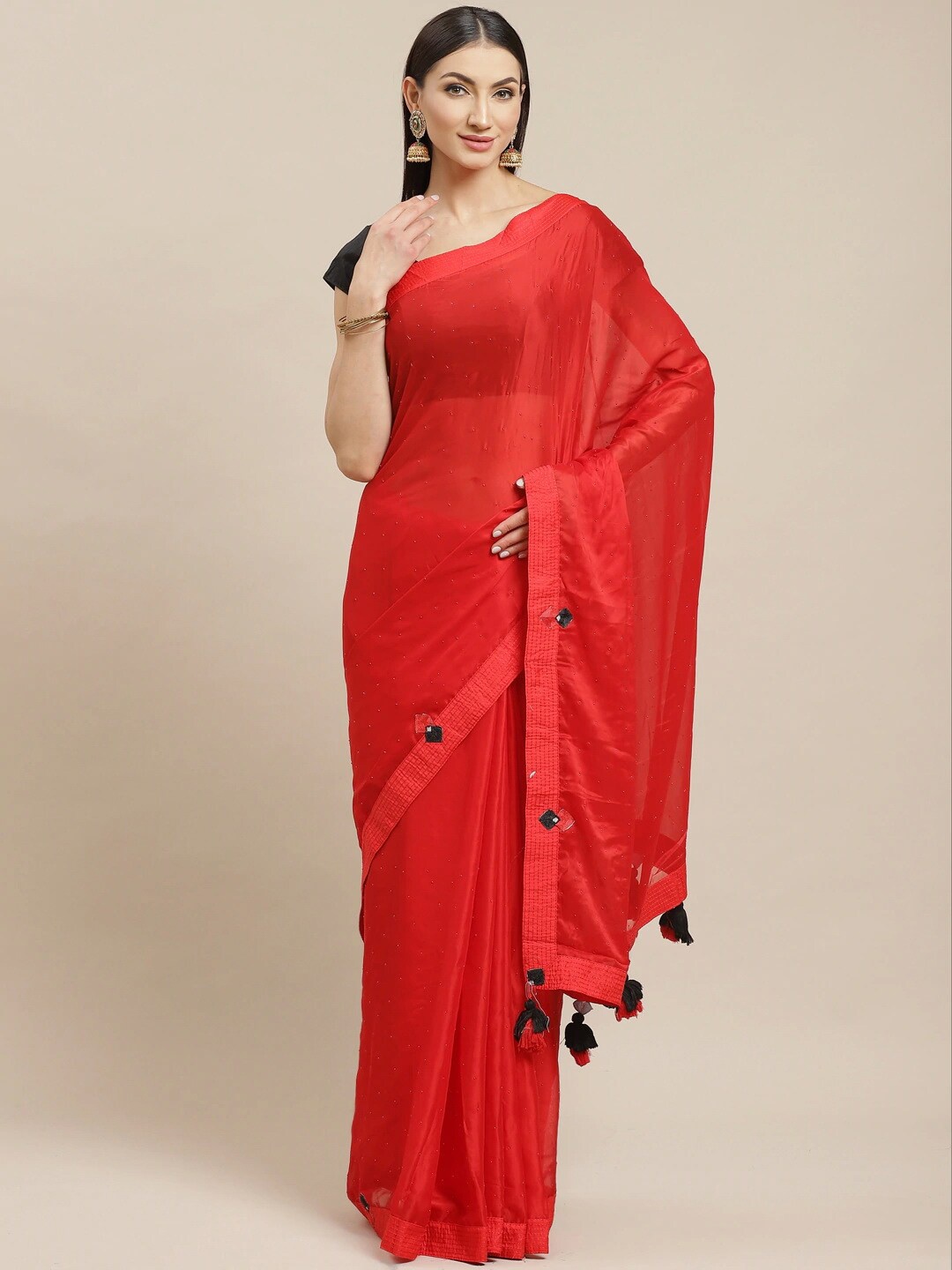 

KALINI Embellished Beads and Stones Saree, Red