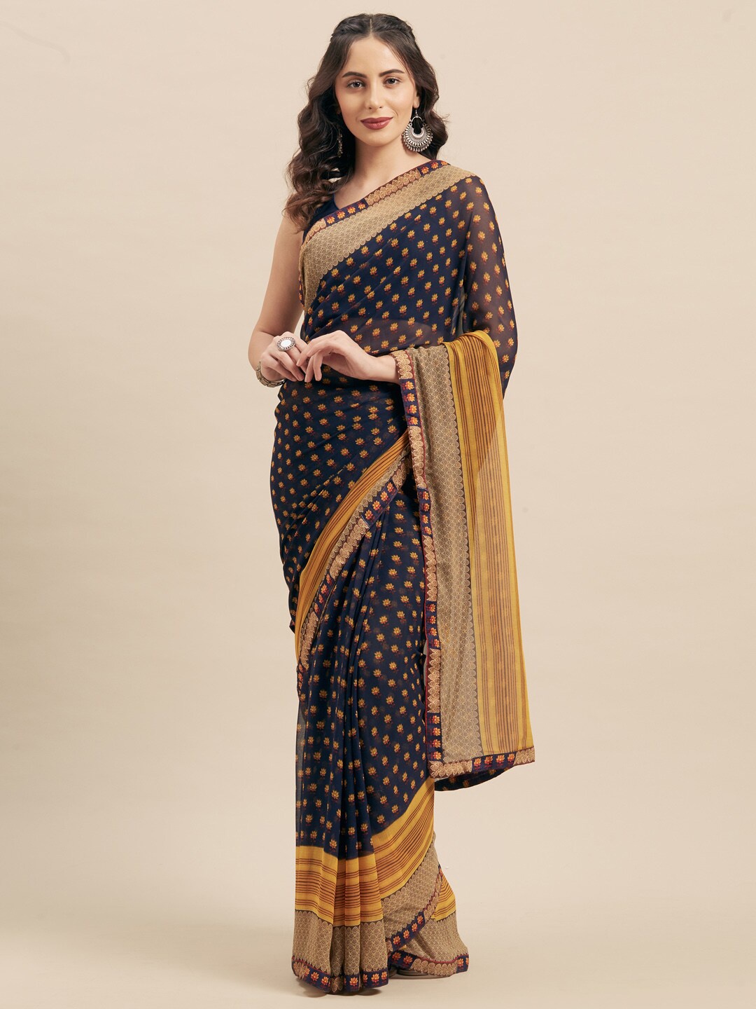 

KALINI Geometric Printed Saree, Navy blue