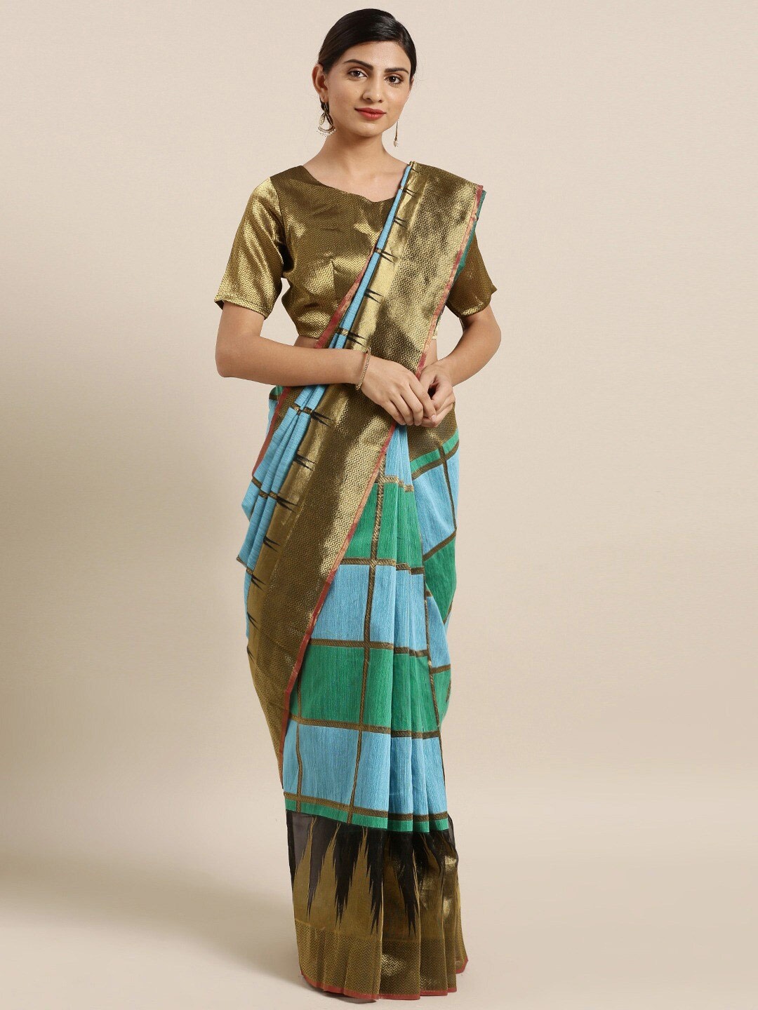 

KALINI Striped Printed Zari Saree, Blue