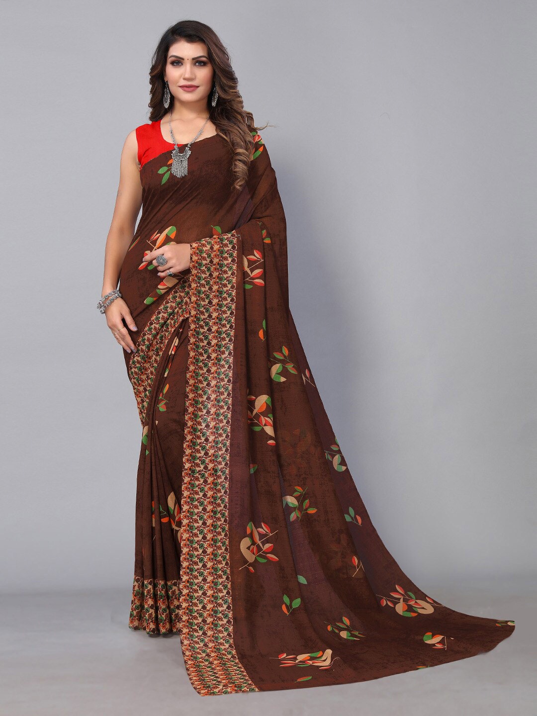 

KALINI Floral Printed Saree, Brown
