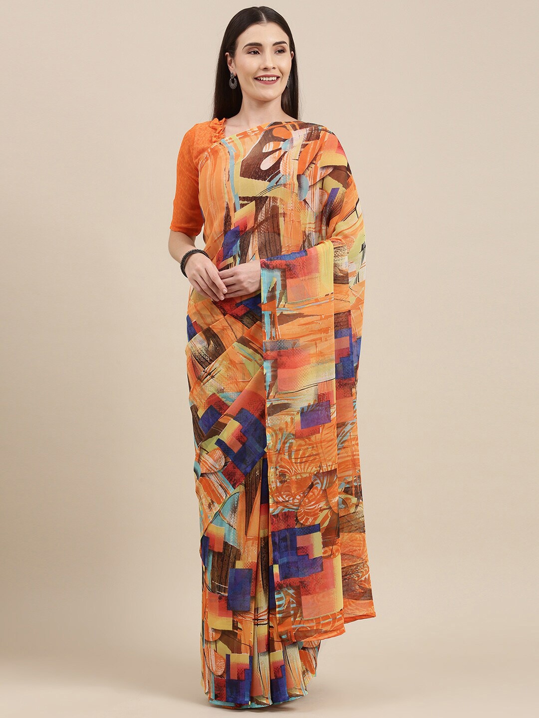 

KALINI Geometric Printed Saree, Orange