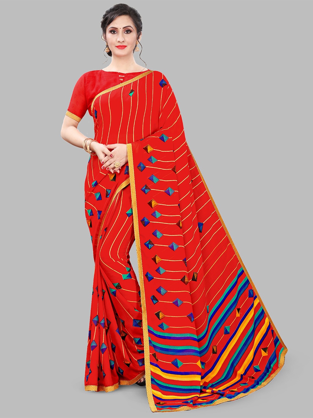 

KALINI Geometric Printed Saree, Red