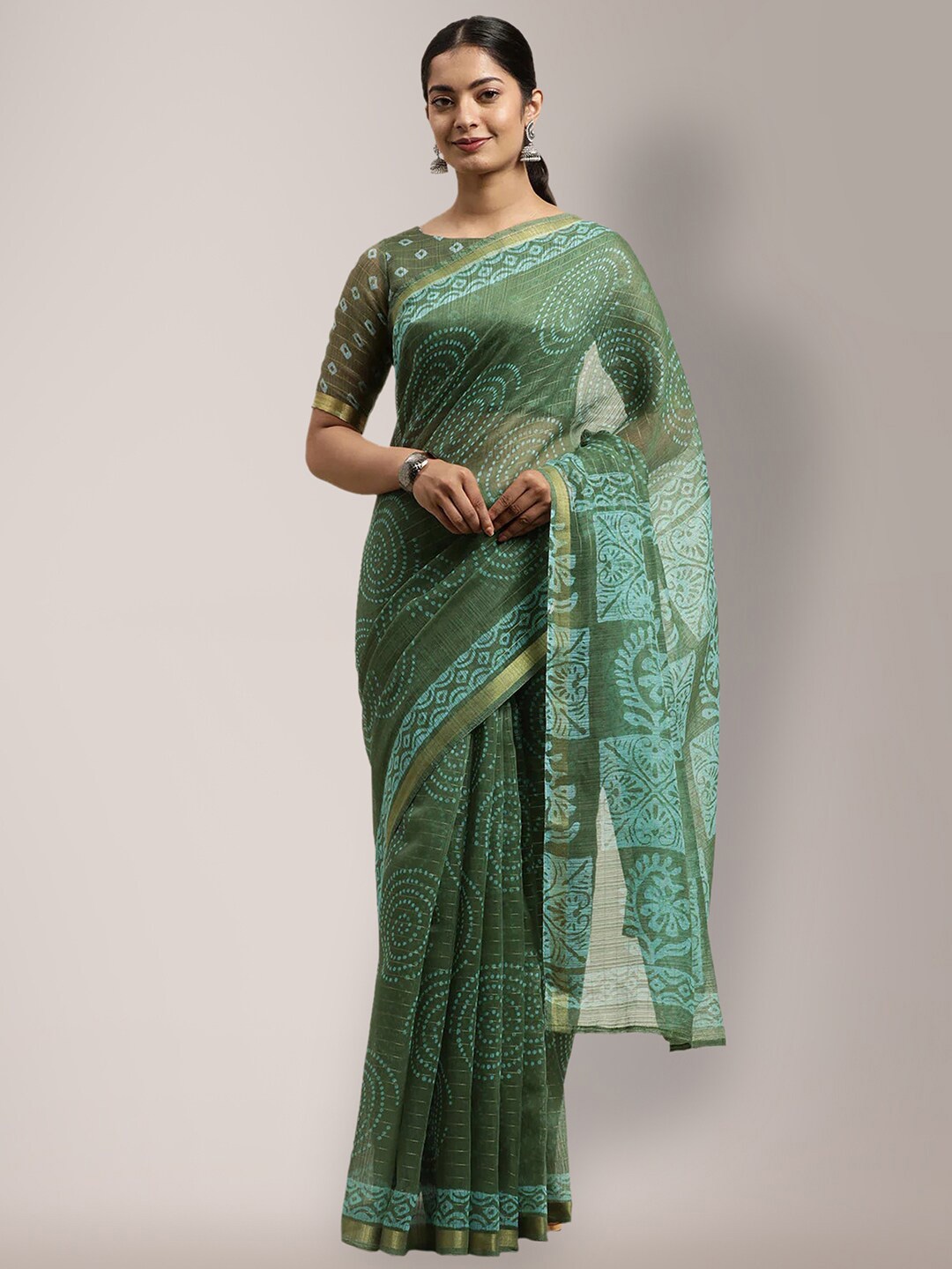 

KALINI Geometric Printed Zari Art Silk Saree, Green