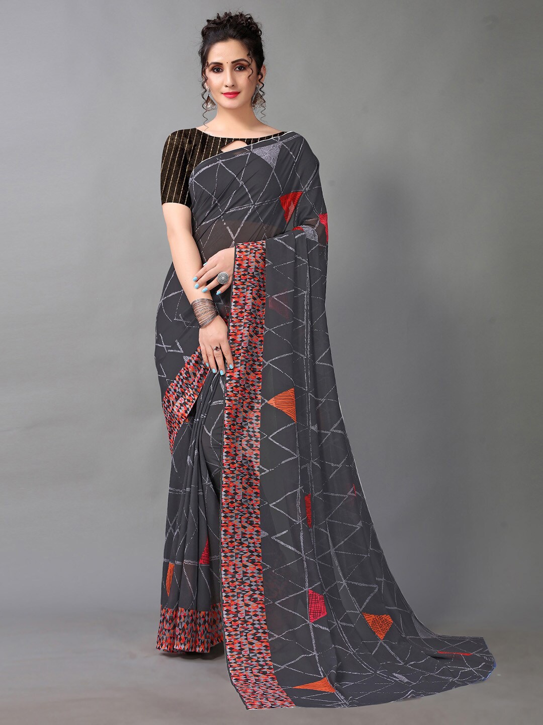 

KALINI Geometric Printed Saree, Grey