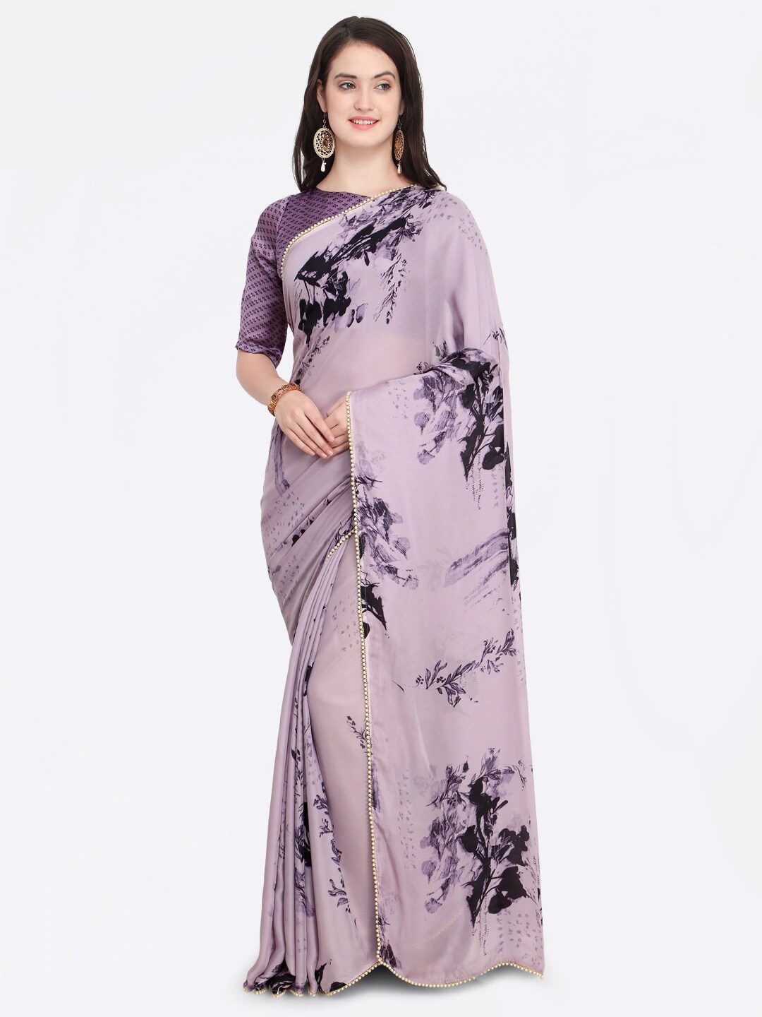 

KALINI Floral Printed Satin Saree, Purple