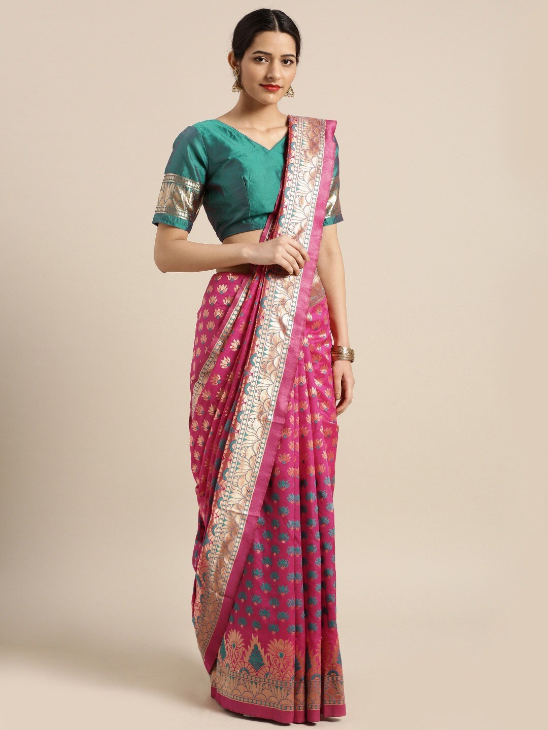 

KALINI Ethnic Motifs Woven Design Zari Silk Blend Saree, Magenta