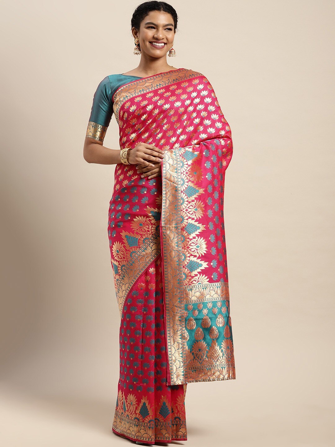 

KALINI Ethnic Woven Design Ethnic Motifs Printed Zari Saree, Magenta