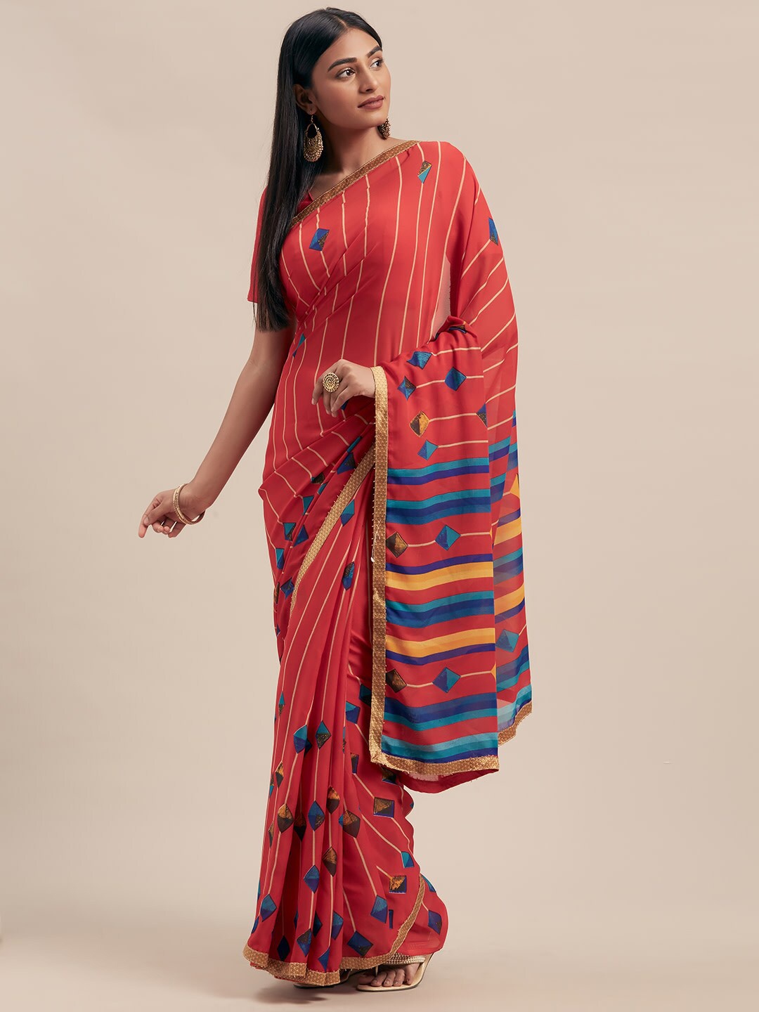 

KALINI Geometric Printed Saree, Red