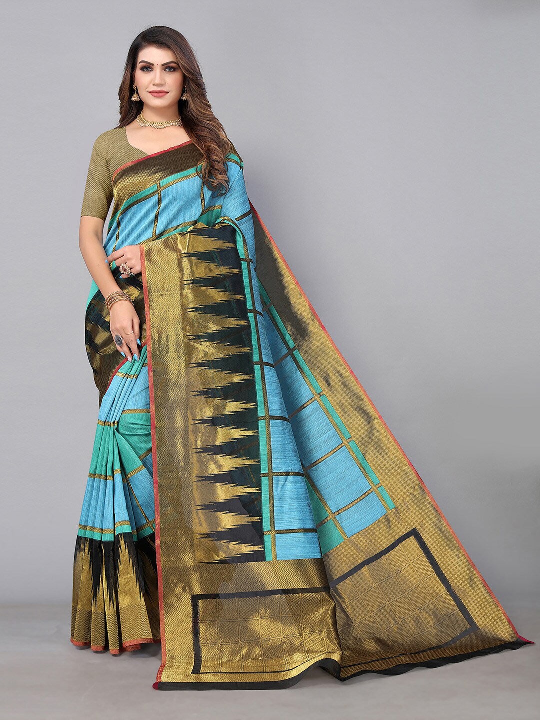 

KALINI Checked Printed Zari Saree, Blue