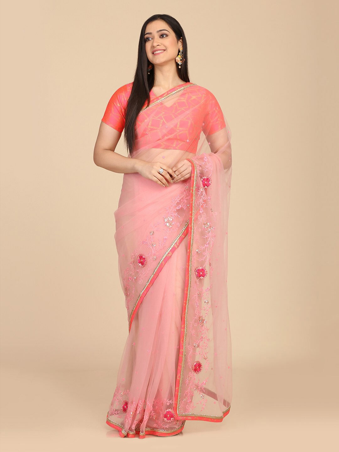 

KALINI Floral Printed Sequinned Net Saree, Pink