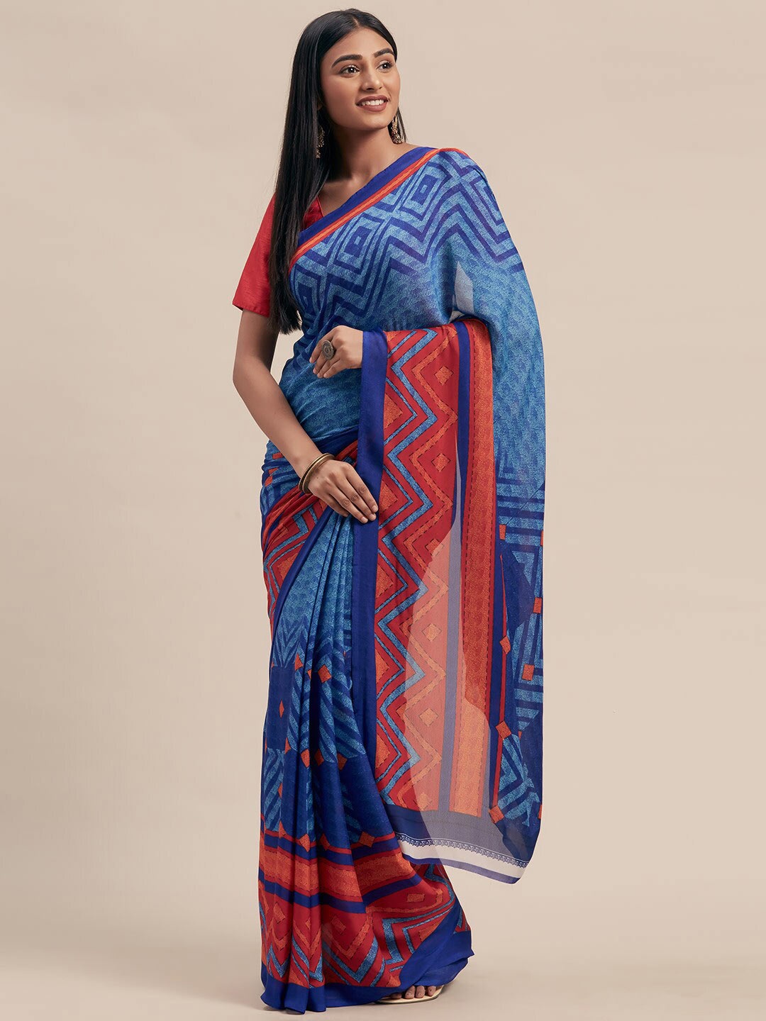 

KALINI Geometric Printed Saree, Blue