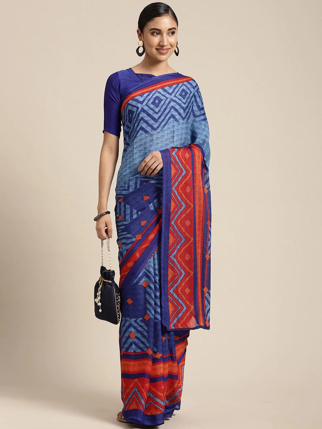 

KALINI Geometric Printed Saree, Blue