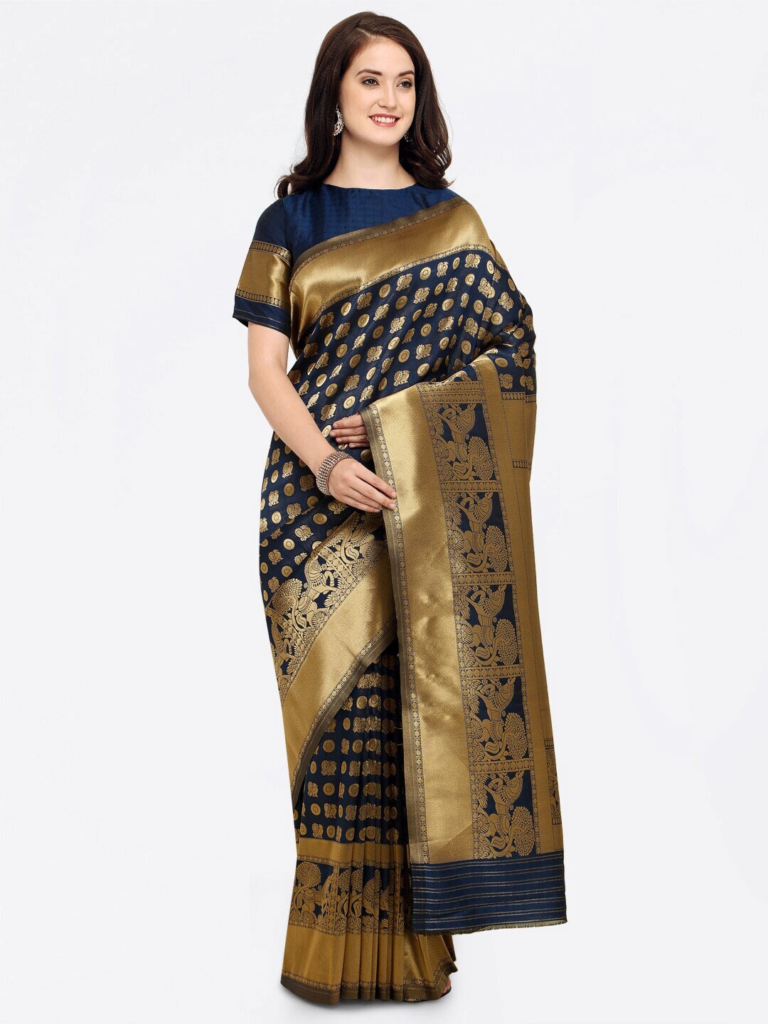 

KALINI Ethnic Motifs Woven Design Saree, Navy blue