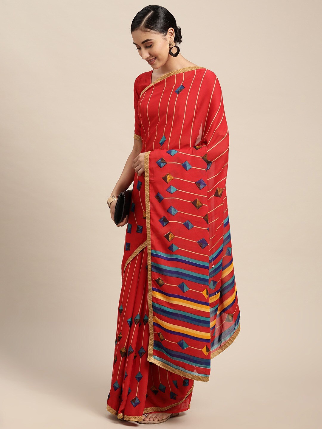 

KALINI Geometric Printed Saree, Red