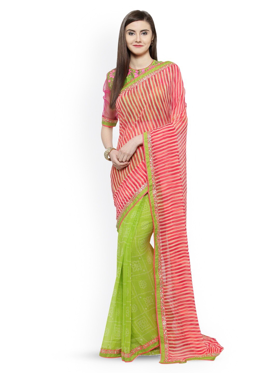 

KALINI Leheriya Printed Sequinned Saree, Green