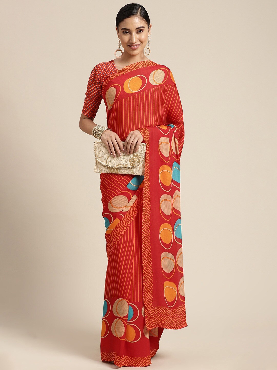 

KALINI Geometric Printed Saree, Red