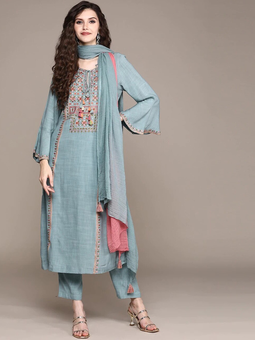 

CLEMIRA Floral Embroidered Straight Kurta With Trousers & Dupatta, Blue