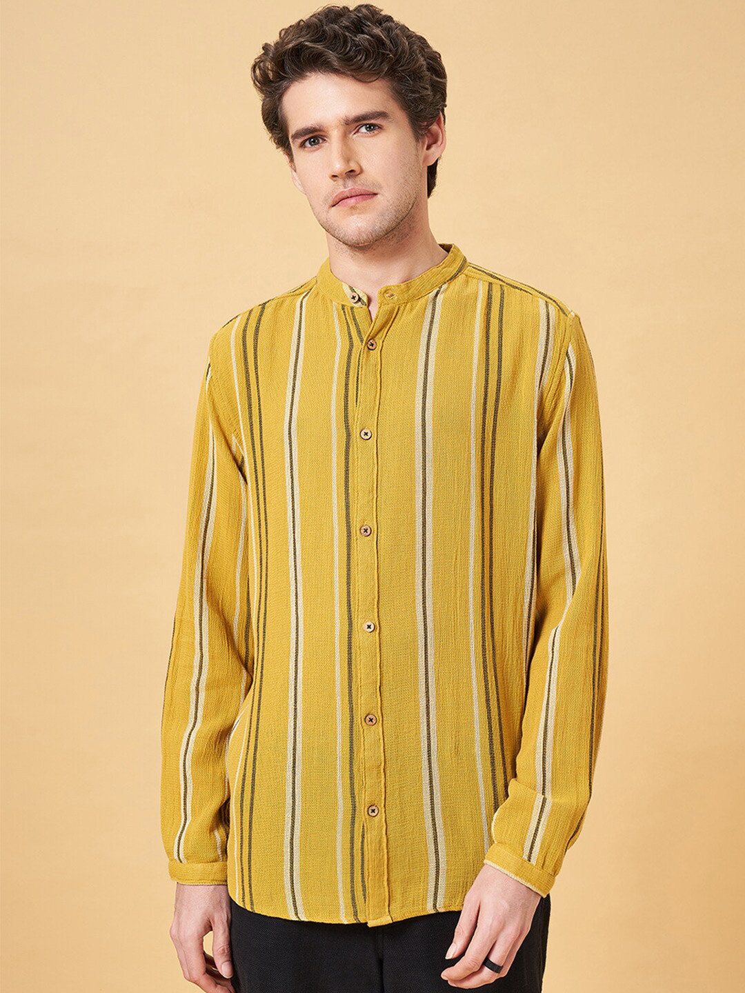 

7 Alt by Pantaloons Vertical Stripes Mandarin Collar Long Sleeves Cotton Casual Shirt, Yellow