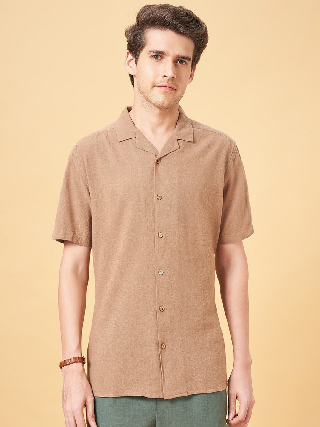 

7 Alt by Pantaloons Cuban Collar Short Sleeves Casual Shirt, Brown
