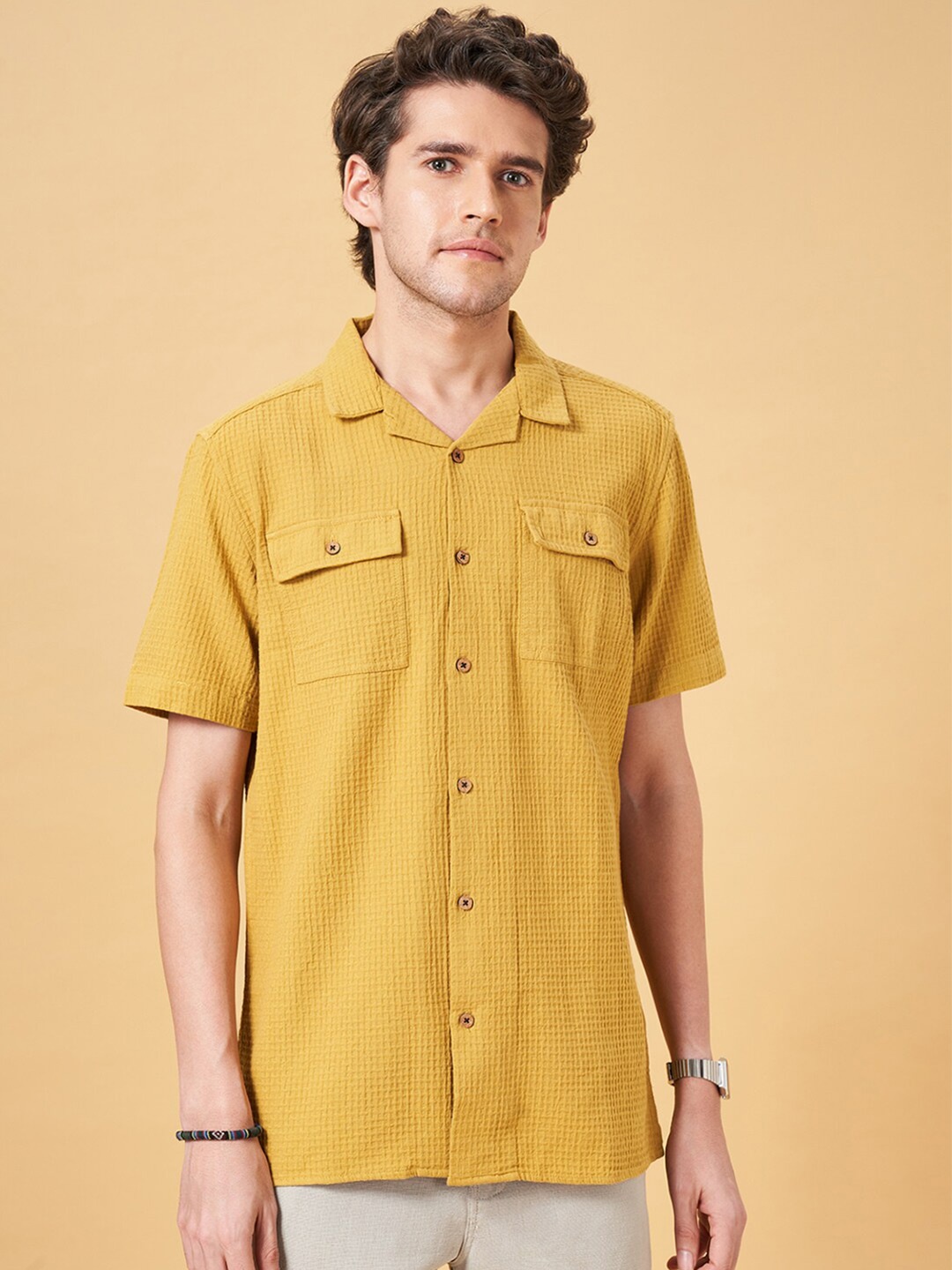 

7 Alt by Pantaloons Textured Cuban Collar Short Sleeves Cotton Casual Shirt, Yellow