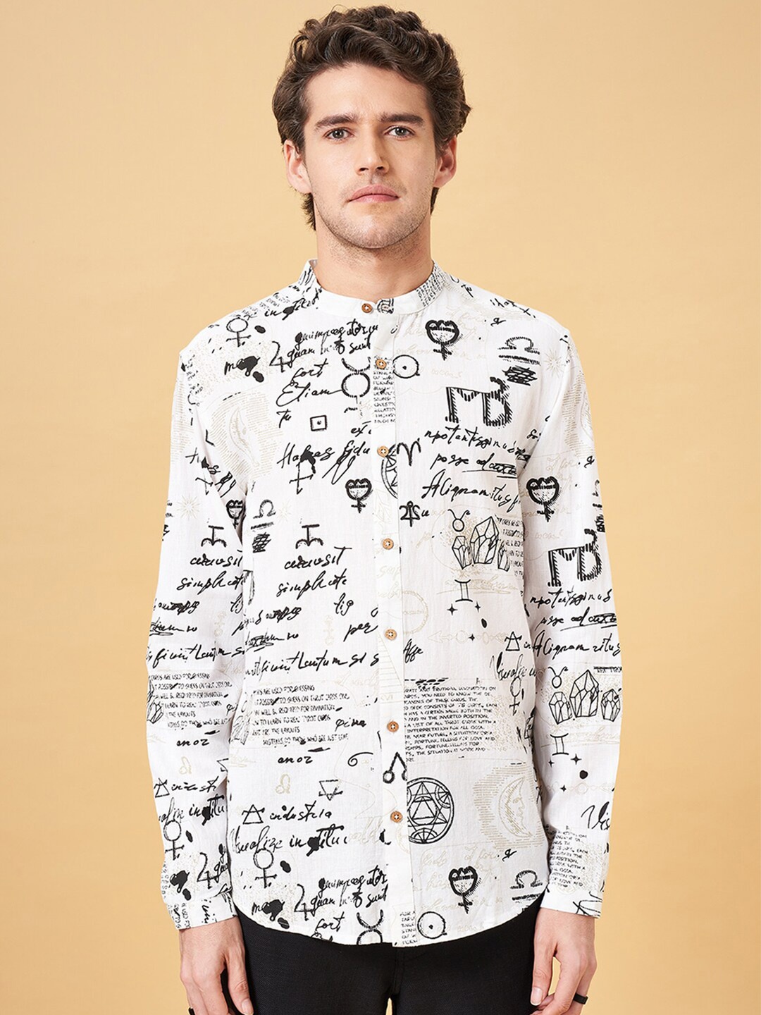 

7 Alt by Pantaloons Typography Printed Mandarin Collar Long Sleeves Cotton Casual Shirt, White