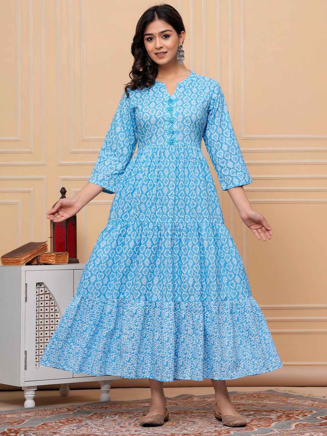 

AVYCO Ethnic Motifs Printed Pure Cotton Mirror Work Tiered Maxi Ethnic Dress, Blue