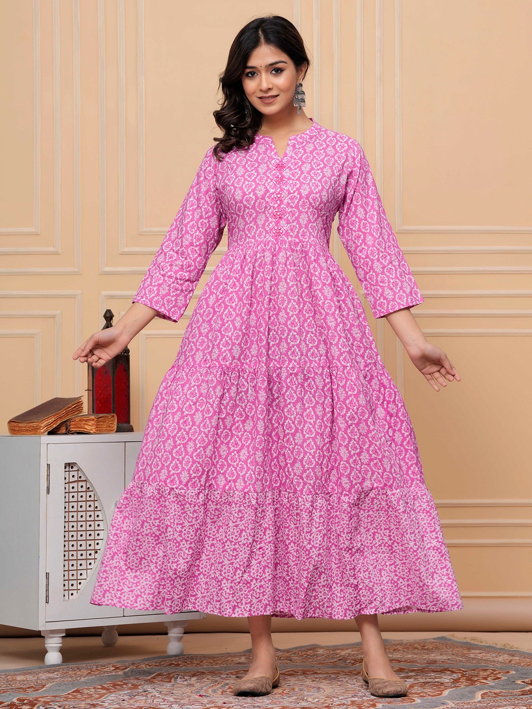 

AVYCO Ethnic Motifs Printed Pure Cotton Mirror Work Tiered Maxi Ethnic Dress, Pink