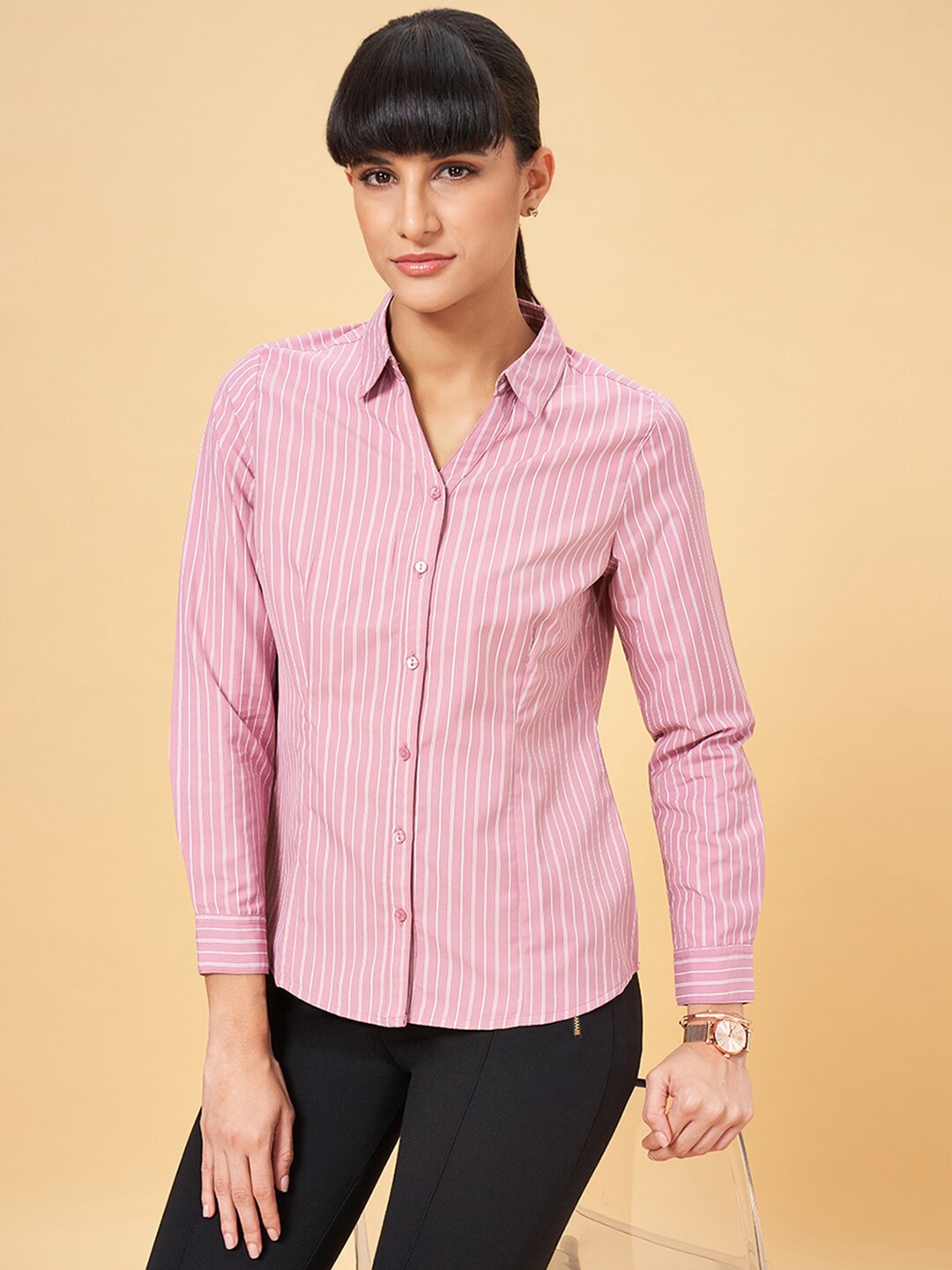 

Annabelle by Pantaloons Vertical Striped Spread Collar Formal Shirt, Pink