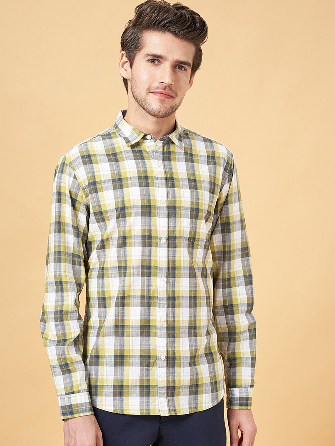 

BYFORD by Pantaloons Spread Collar Slim Fit Tartan Checked Casual Cotton Shirt, Olive