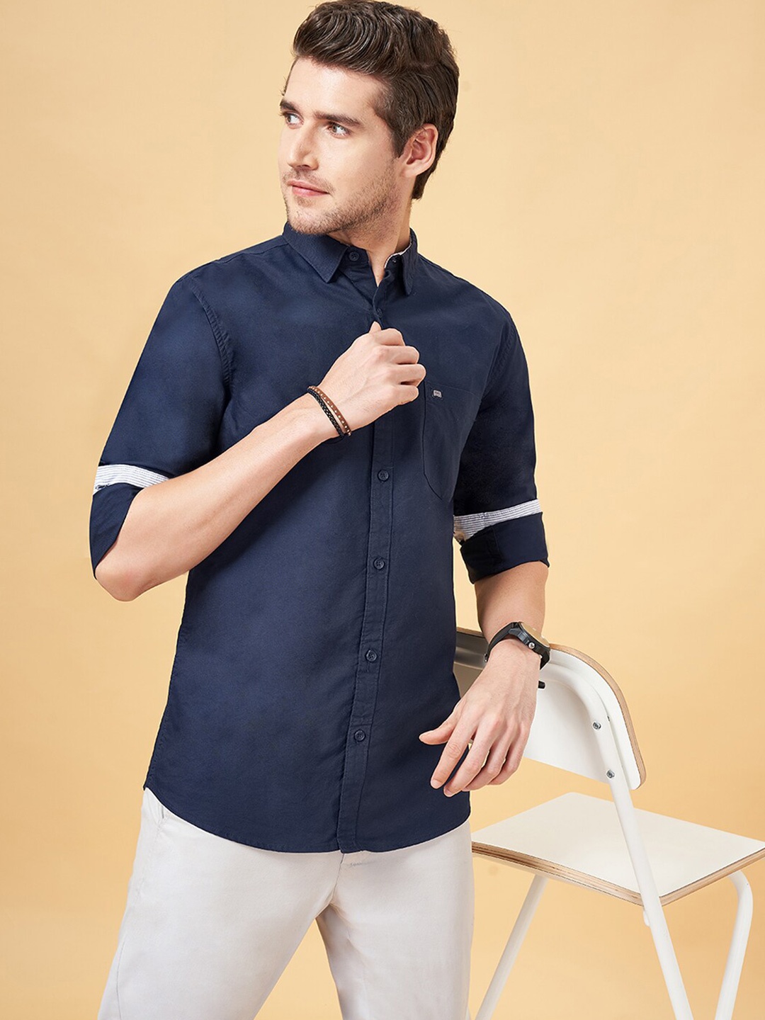 

BYFORD by Pantaloons Spread Collar Slim Fit Casual Cotton Shirt, Navy blue