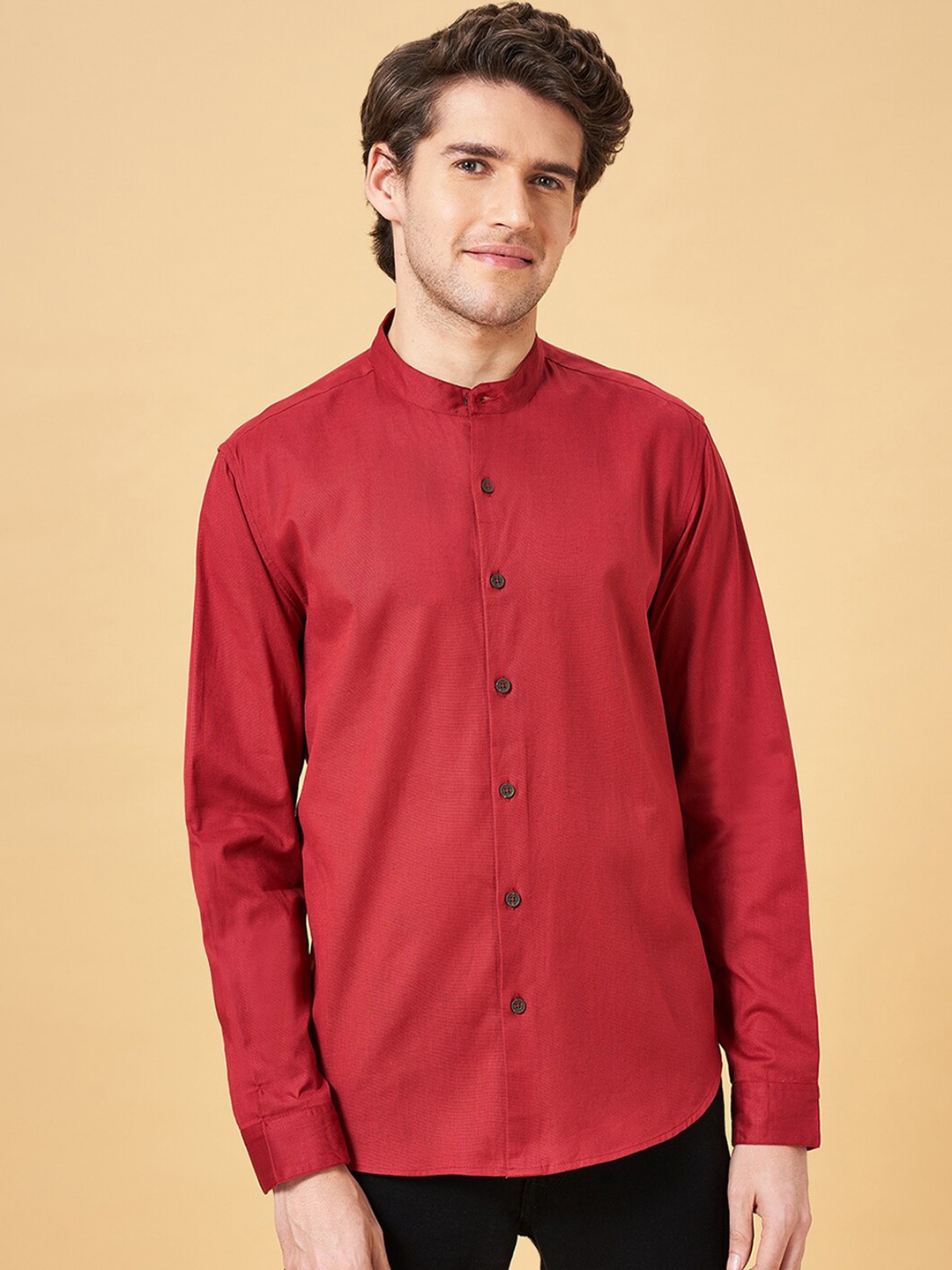 

indus route by Pantaloons Band Collar Long Sleeves Cotton Casual Shirt, Maroon