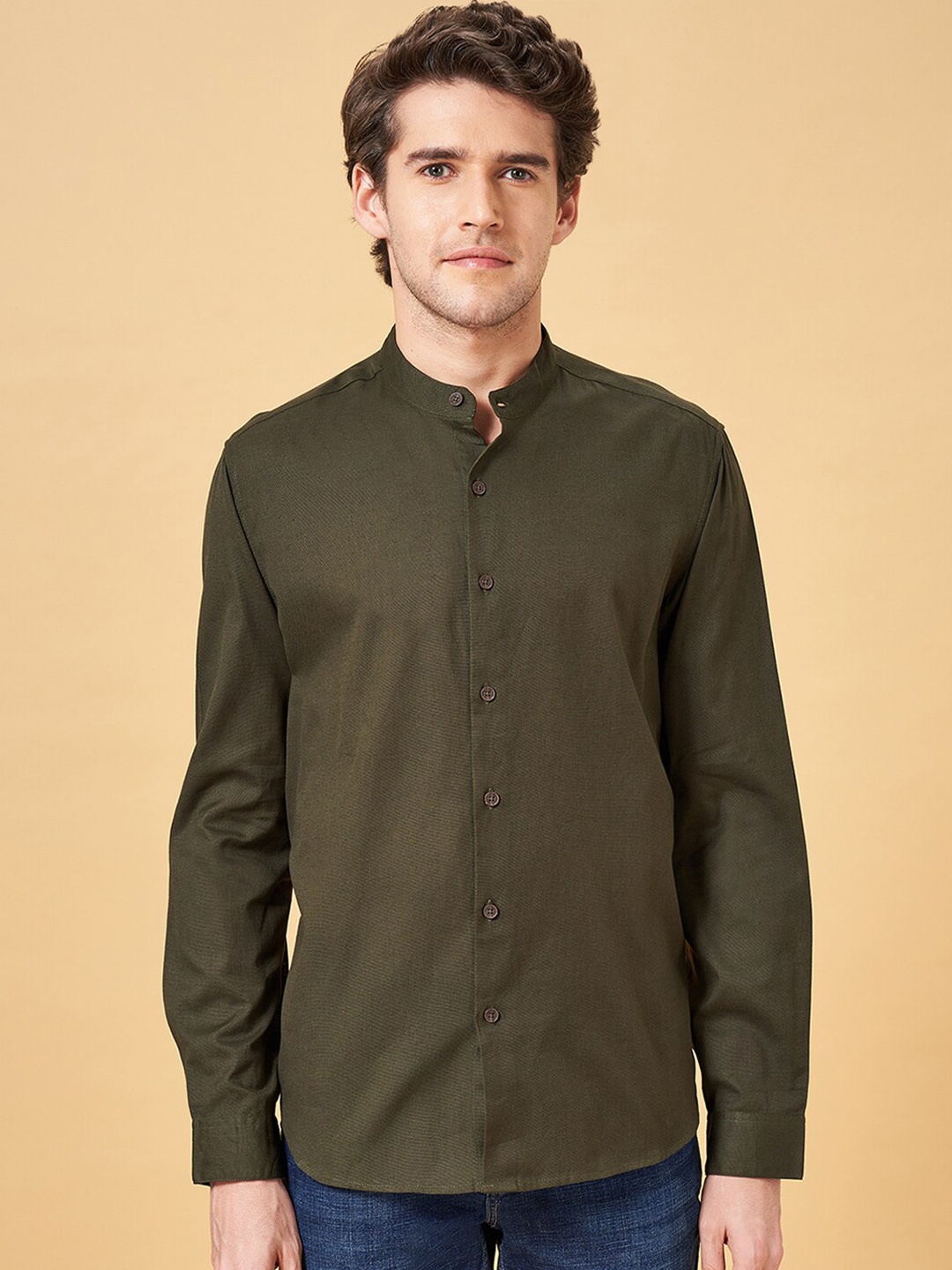 

indus route by Pantaloons Mandarin Collar Long Sleeves Casual Shirt, Green