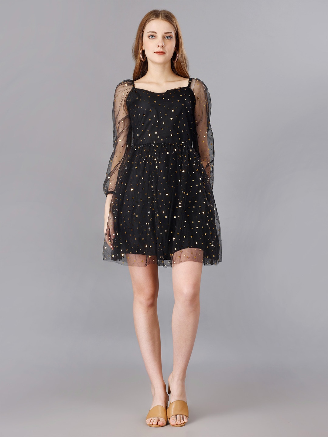 

Sitanjali Net Fit & Flare Dress, Black