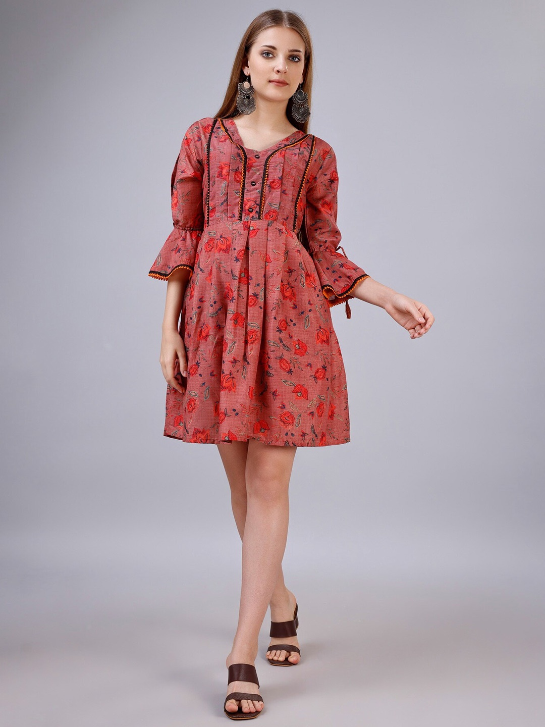 

Sitanjali Floral Print Cotton Bell Sleeve Fit & Flare Dress, Red