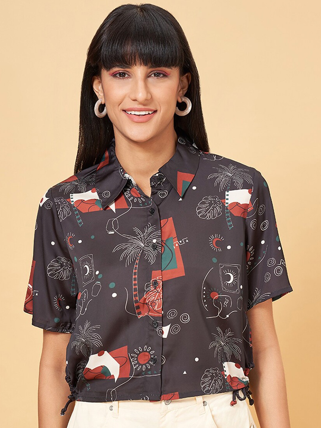 

People Boxy Tropical Printed Casual Shirt, Black