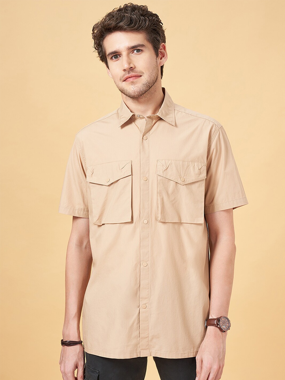 

Urban Ranger by pantaloons Short Sleeves Pure Cotton Casual Shirt, Beige
