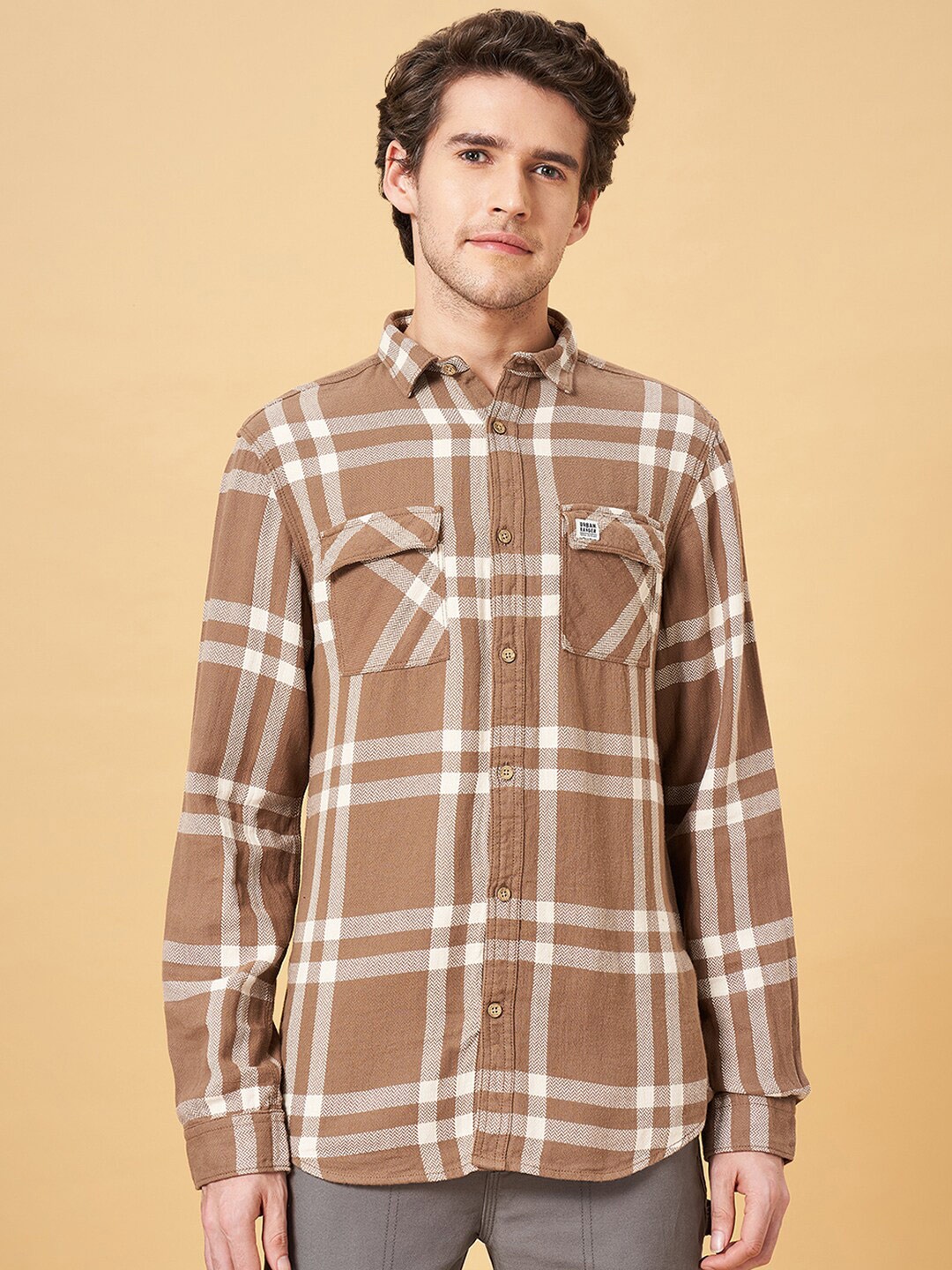 

Urban Ranger by pantaloons Tartan Checked Hooded Pure Cotton Shackets, Brown