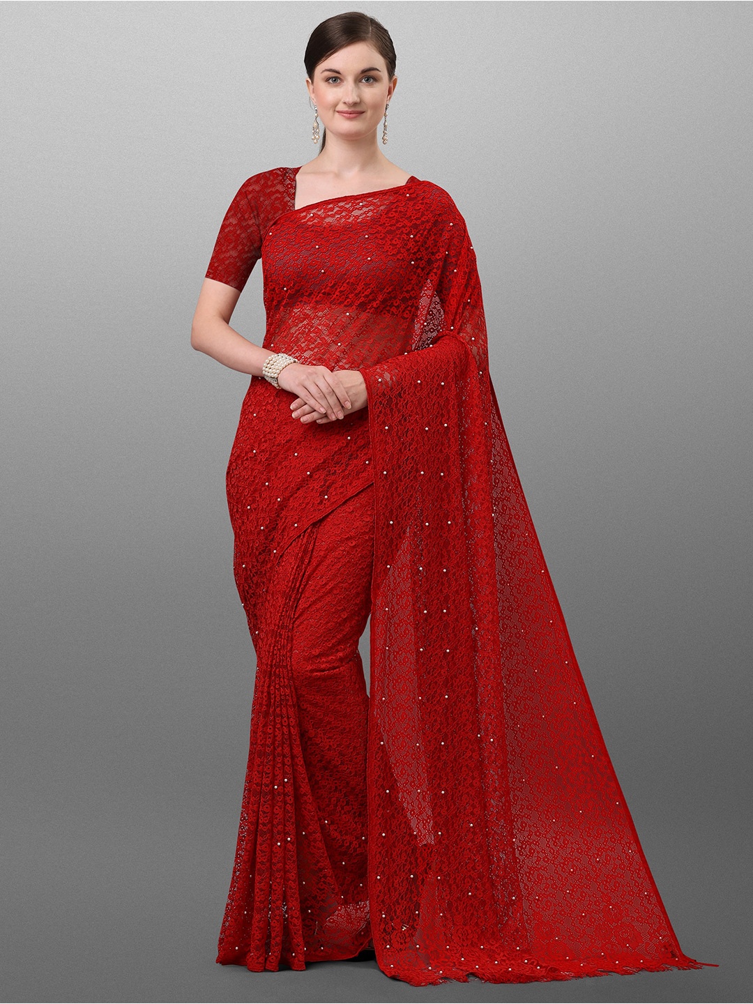 

VEDANT VASTRAM Floral Embellished Jacquard Net Saree, Red
