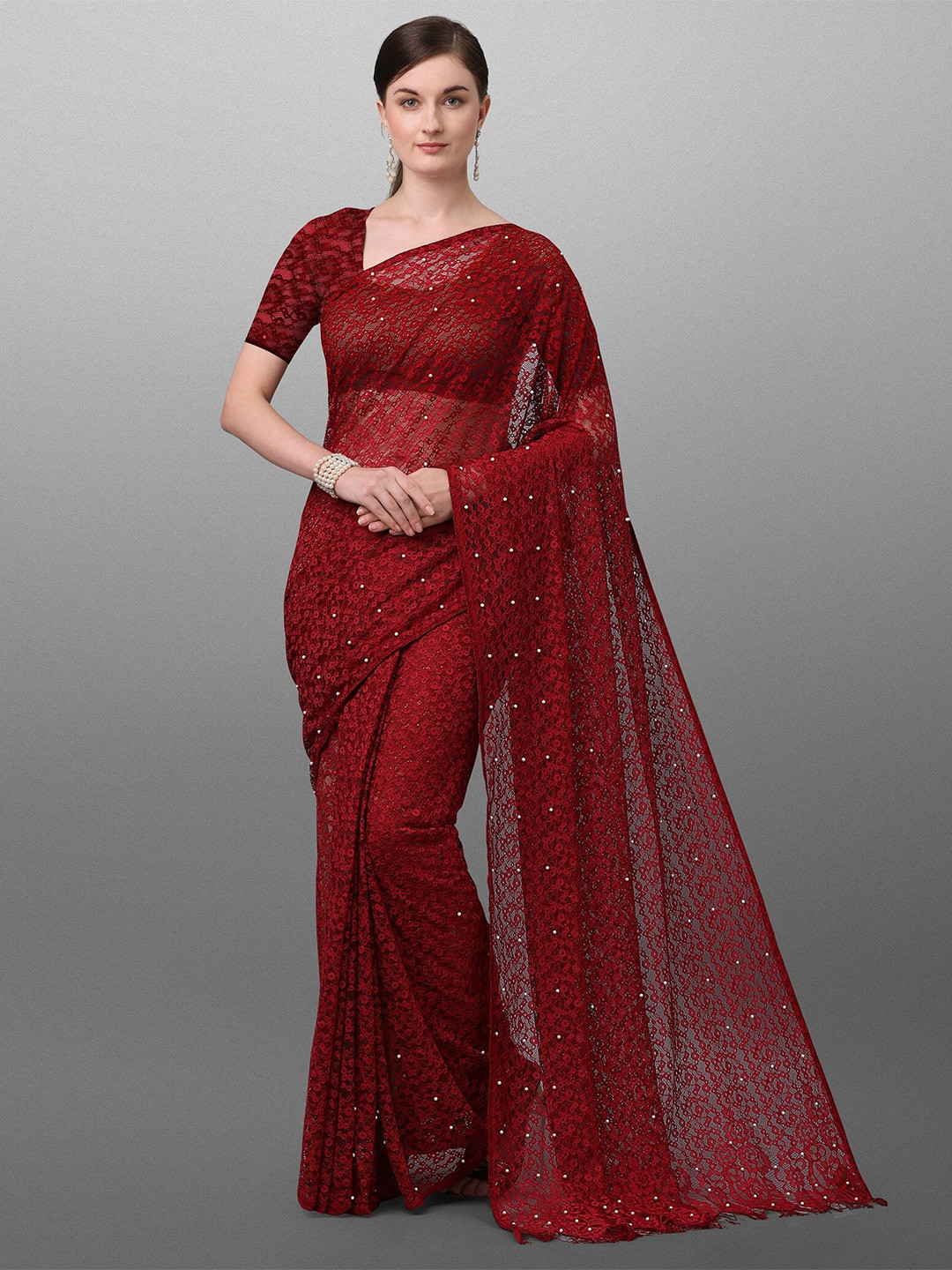 

VEDANT VASTRAM Embellished Beads and Stones Net Saree, Maroon