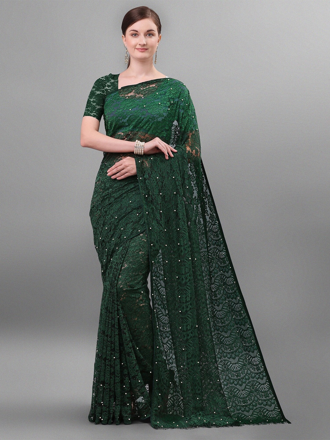 

VEDANT VASTRAM Embellished Beads and Stones Designer Saree, Green