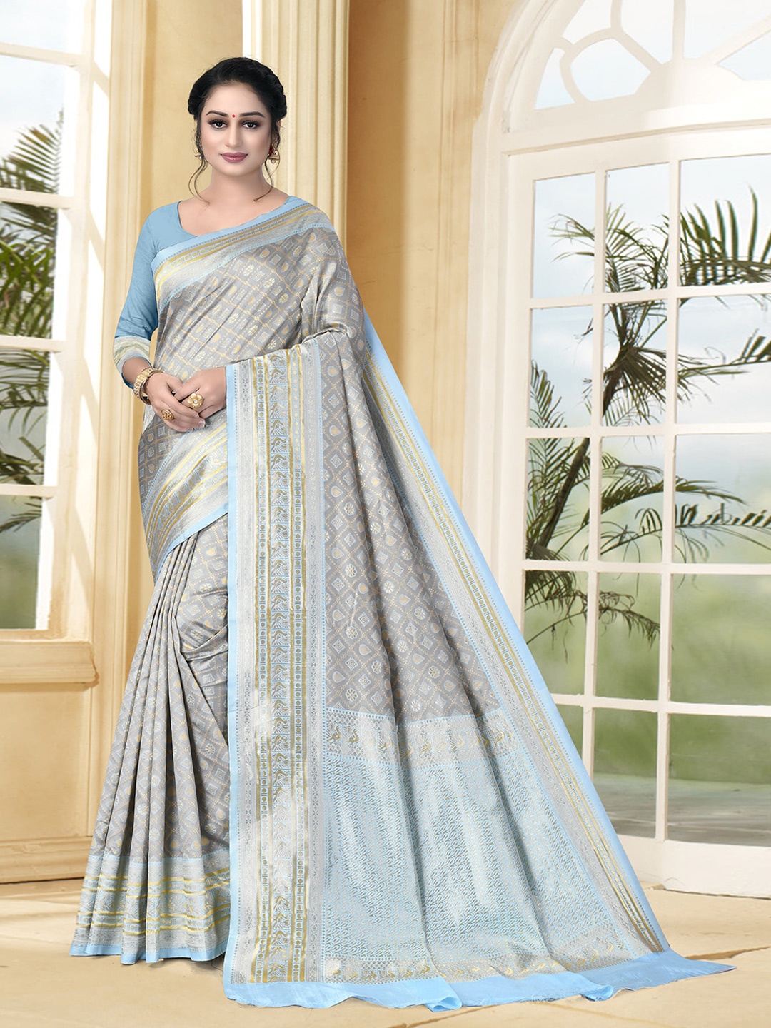 

VEDANT VASTRAM Woven Design Zari Banarasi Saree, Grey