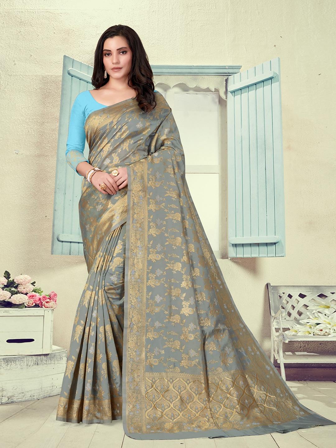 

VEDANT VASTRAM Floral Zari Banarasi Designer Saree, Grey