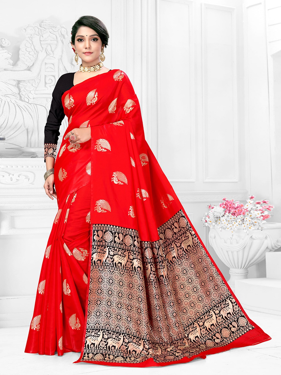 

VEDANT VASTRAM Ehnic motifs Woven Design Zari Banarasi Saree, Red